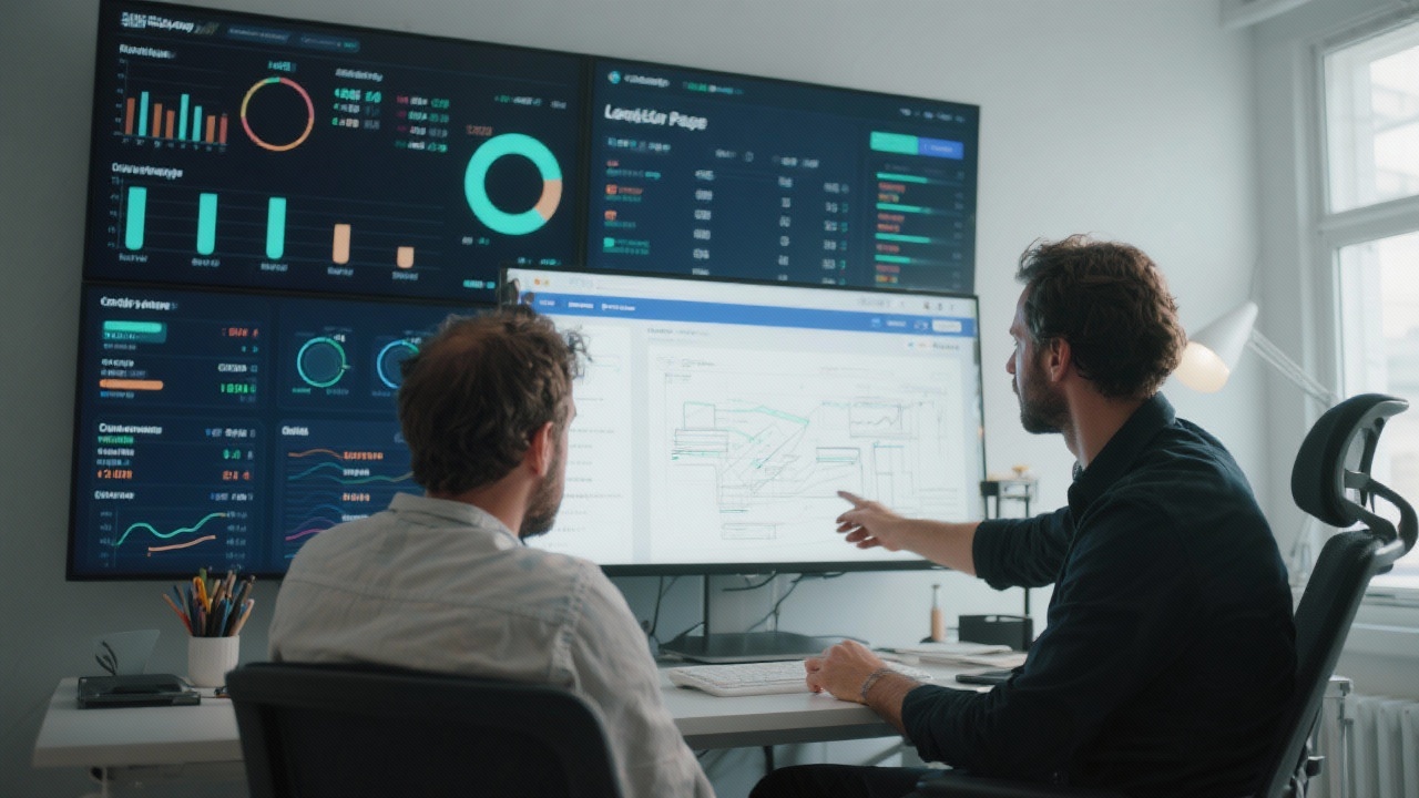 Creative directors and conversion specialists collaborating over detailed landing page wireframes with conversion data dashboards on large monitors in a modern Athens studio