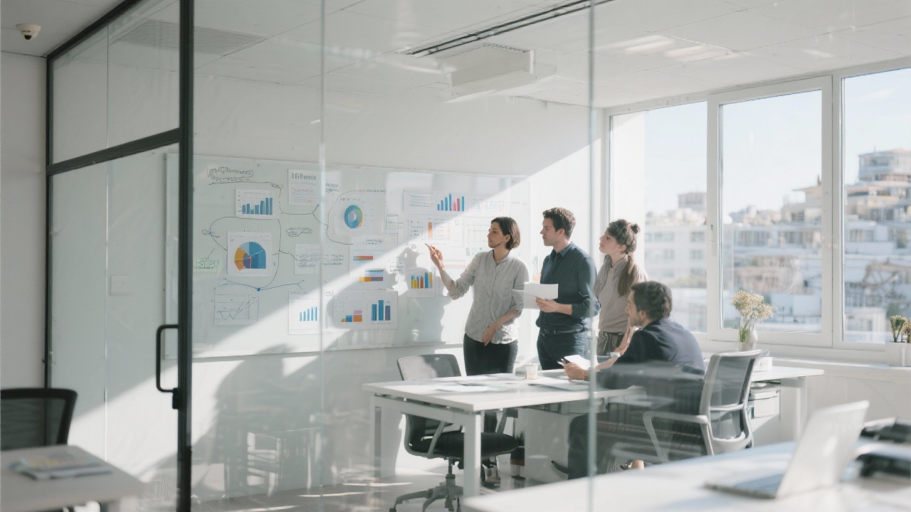 Design strategists reviewing research highlights, data charts, and annotated whiteboard flows inside a minimal glass-walled workspace bathed in natural Athens daylight